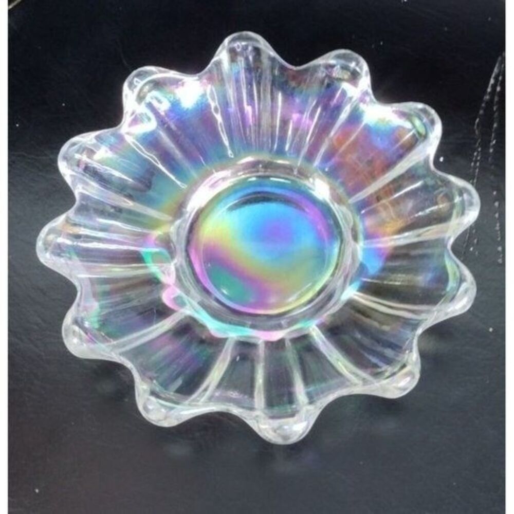 Vintage 50s Iridescent Atomic Celestial Starburst Rainbow Glass Bowl